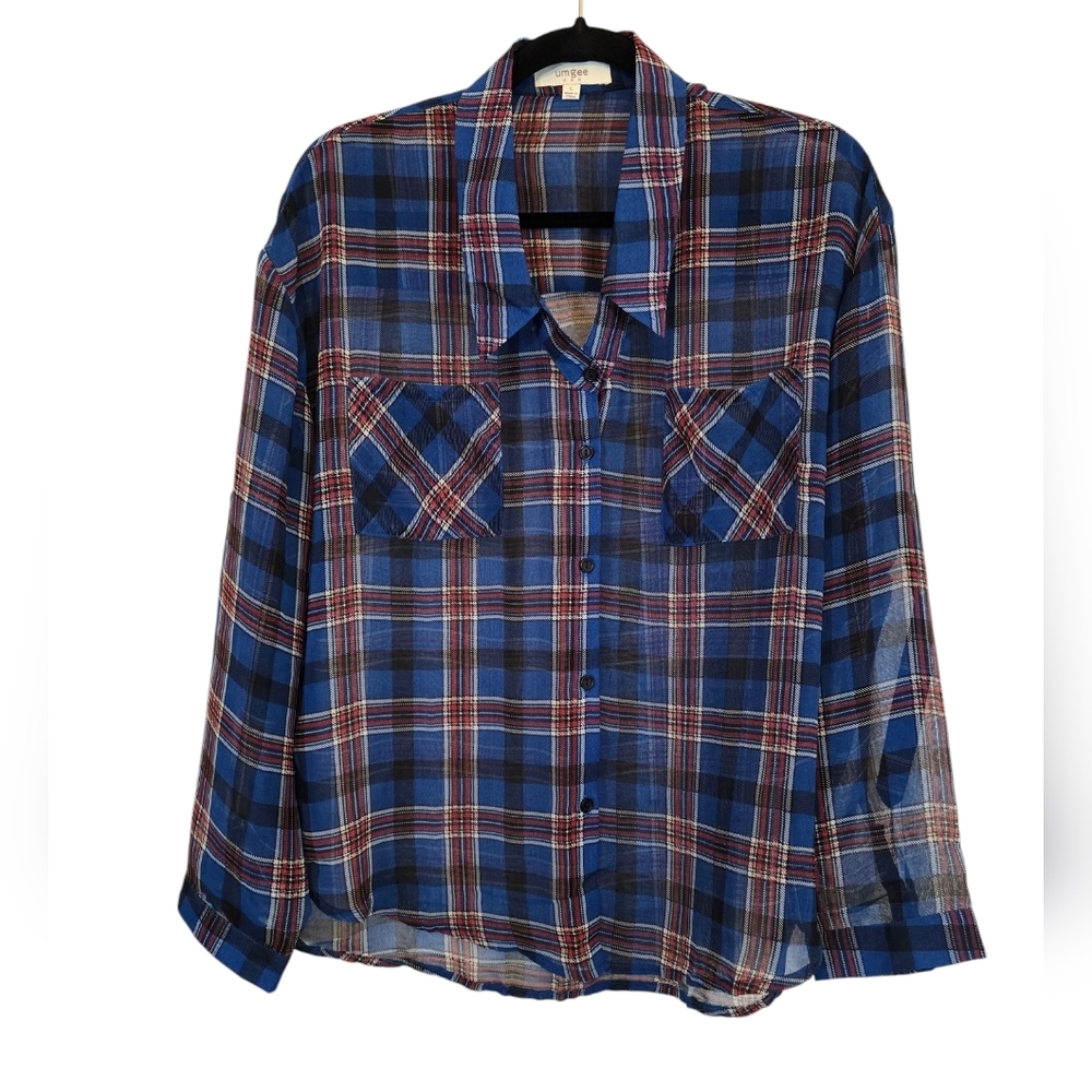 Umgee Large Cotton Blend Sheer Blue Red Paid Button Down Shirts